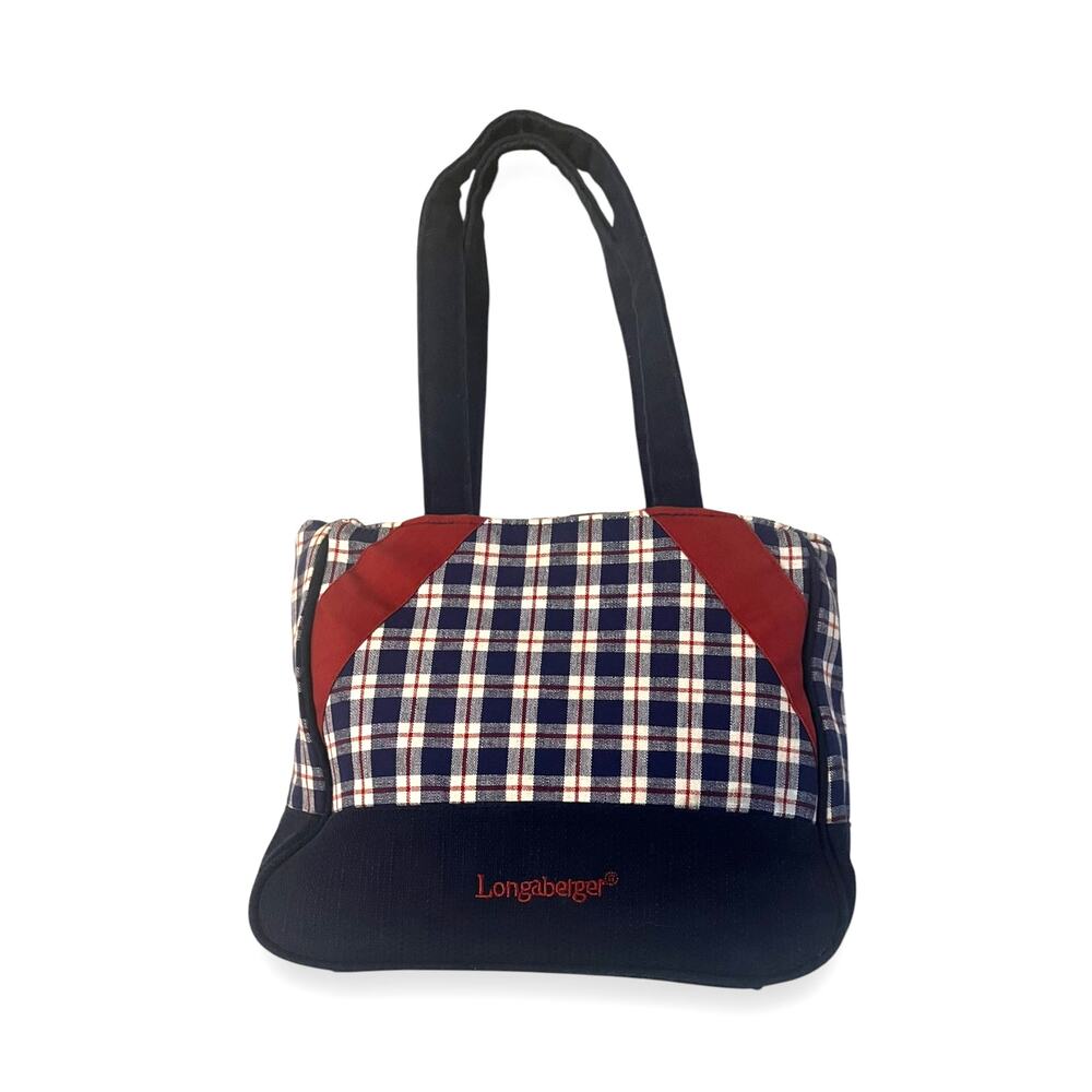 Vintage Longaberger Homestead fabric plaid tote bag purse | red & blue | EUC